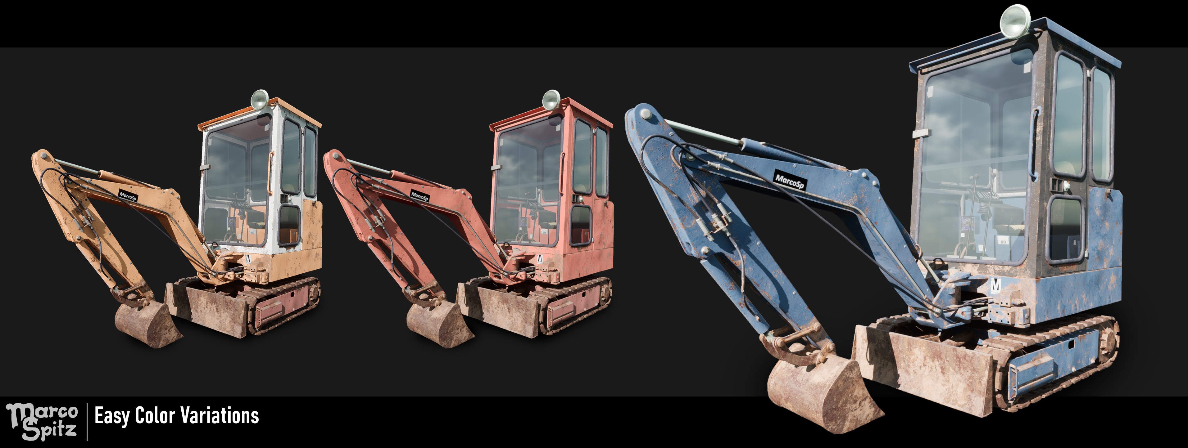 Excavator rendered in multiple color variations